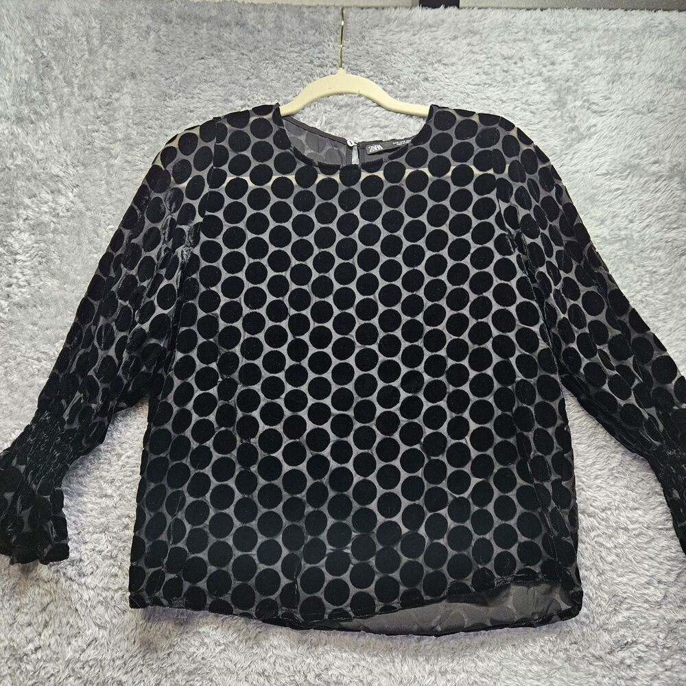 Zara Womens Black Sheer Blouse Small Polka Dot Velvet Velour Party